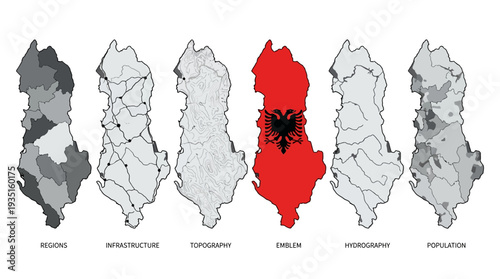 Albania Multi-Layered Map Infographic: Regions, Infrastructure, Topography, Hydrography, Population, and National Emblem