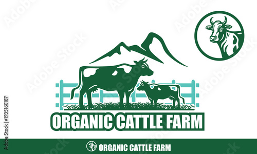 cattle farm logo, silhouette of green landscape with dairy cowmilk vector illustrations