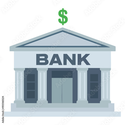 Bank building white background vector flat illustration showing bank financing, money exchange, financial services and ATM giving out money concept