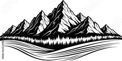 Majestic mountain range with dense pine forest and stylized foreground vector illustration.