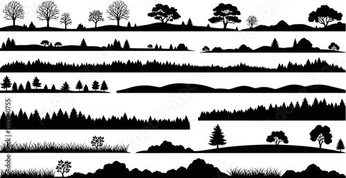 Diverse Black Silhouettes of Trees, Hills, and Grass Vector Set