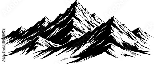 Stylized Black and White Vector Illustration of a Rugged Mountain Range Landscape