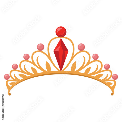 Beautiful golden princess crown tiara icon with precious stones precious head accessory headdress flat design isolated on white background