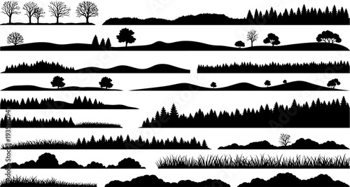 Diverse black silhouette landscape elements, trees, hills, and grass for graphic design.