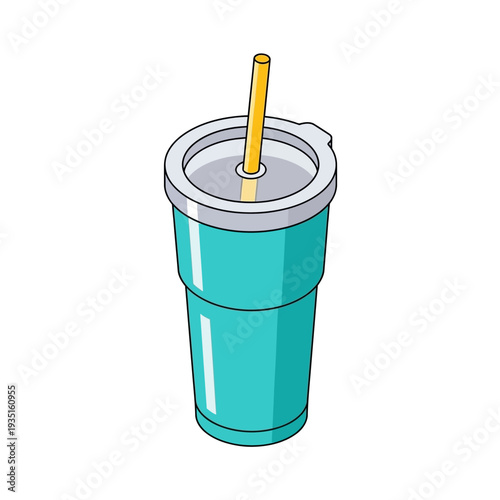 Teal colored plastic cup with straw on white background.