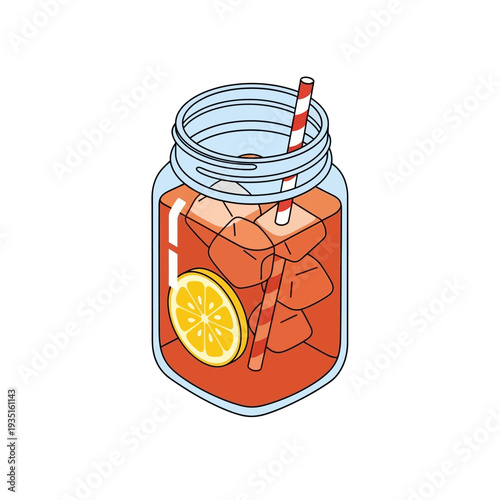 A refreshing glass jar of iced tea with lemon and straw.