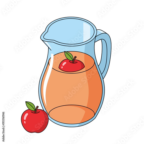A cartoon pitcher of apple juice with a red apple beside it.