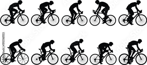 PrintSilhouette cyclist motion sequence, bicycle rider posture variations, cycling sport concept, fitness exercise, athlete training, movement progression, dynamic bike illustration