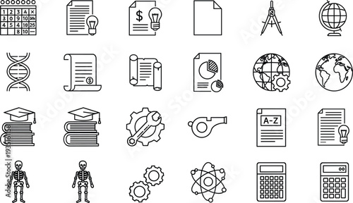 Education and science outline icon set with learning research technology school study knowledge symbols vector collection