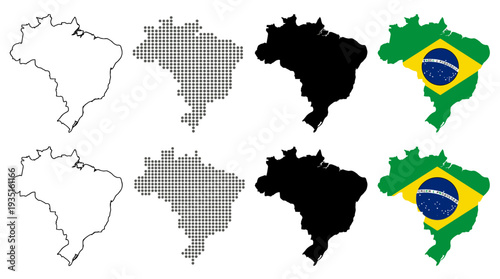 Brazil Map Collection: Outline, Dotted, Silhouette, and Flag Design Variations