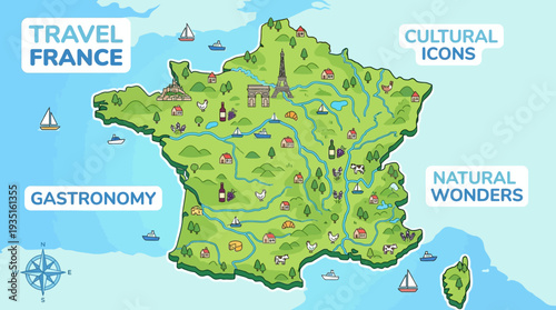 Illustrated Map of France: Explore Cultural Icons, Gastronomy, and Natural Wonders for Travel & Tourism