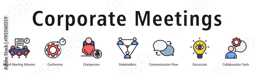 Corporate meetings web banner icon vector illustration concept with icon of board meeting minutes, chairperson, stakeholders, communication flow, discussion, conference, and collaboration tools.