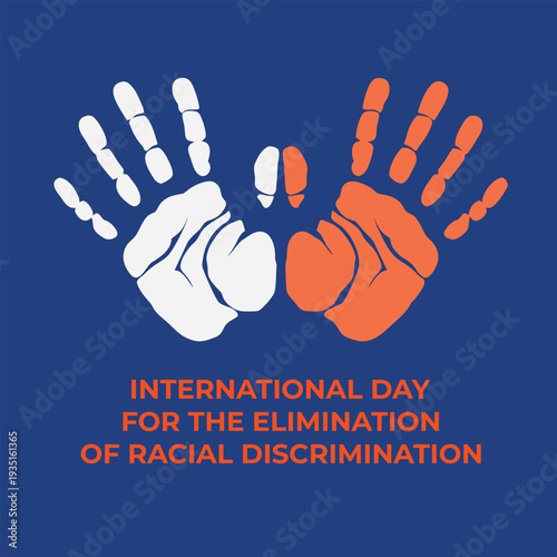 International day for elimination of racial discrimination banner with textured handprints in white and orange colors on dark blue backdrop