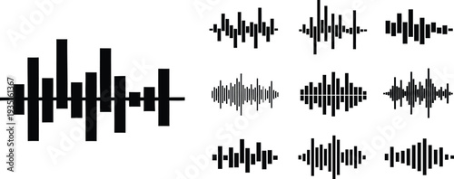 Collection of various sound wave patterns and audio signal graphics