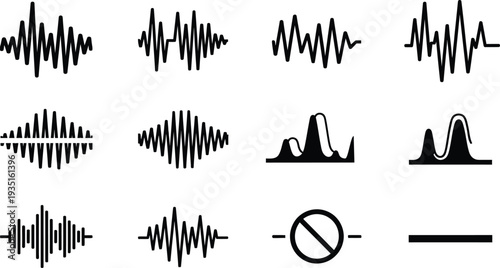 Collection of various audio waveform and signal icons