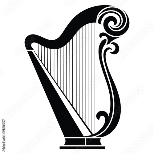 Black and white harp silhouette stock illustration vector icon isolated on white background ideal for music branding orchestra and instrument themes