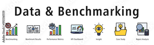 Data and benchmarking web banner icon vector illustration concept with icon of benchmarking, benchmark results, performance metrics, KPI dashboard, insight, case study, and report analysis.