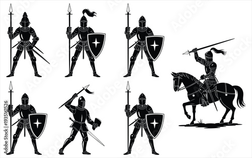 Medieval Knights with Spears and Shields and Horseback Rider