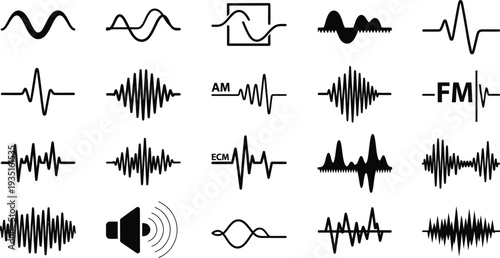 Collection of various audio waveform and sound symbols