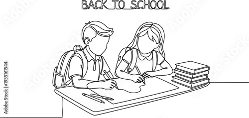Continuous one line drawing of two happy students sitting at desk and writing for back to school education concept
