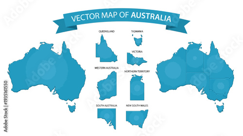 Vector Map of Australia with States & Territories - Queensland, Tasmania, Victoria, Western Australia, Northern Territory, South Australia, New South Wales