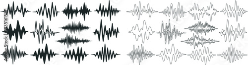 Collection of various audio waveform patterns and distorted signals