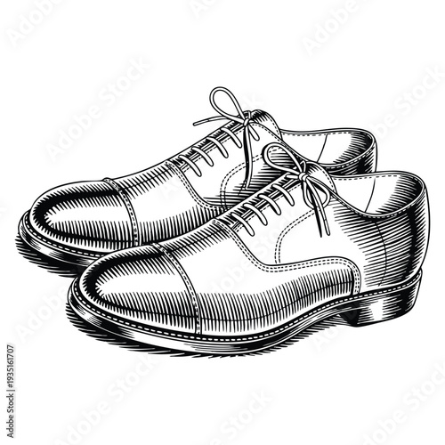Black and white outline line art drawing pair of oxford shoes stylish fashionable footwear concept