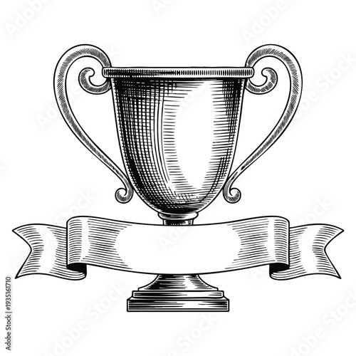 Black and white outline line art drawing vintage trophy cup with blank banner ribbon prize illustration