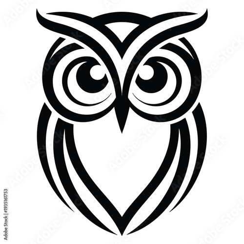Black and white tribal inspired owl illustration featuring symmetrical sharp patterns, piercing eyes and curved feather lines in sleek minimalist style