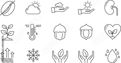 Environmental sustainability and climate outline icon set with renewable energy nature protection eco symbols vector collection