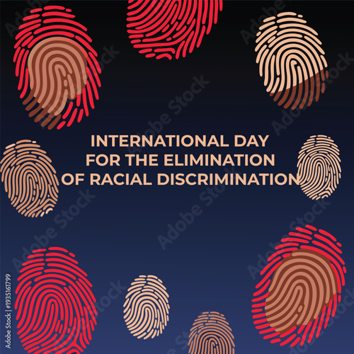 International day for the elimination of racial discrimination featuring diverse fingerprint patterns on a dark blue background