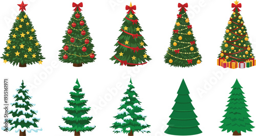 Christmas Tree Collection with Decorated Fir Trees Ornaments Stars Ribbons and Snow Covered Pines Isolated Festive Holiday Vector Illustration Set