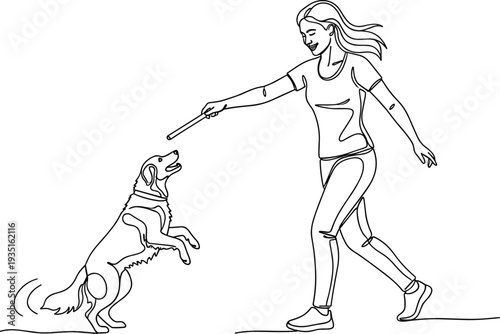 Continuous line drawing of a happy young woman playing and training her dog with a stick for friendship concept