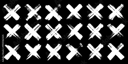 Grunge crosses, brush strokes, x mark, lines, ink smudges, hand-drawn scribble shapes. Handmade sketchy marks, acrylic stains, charcoal streaks. Paint textures, dry brush effect. Vector illustration