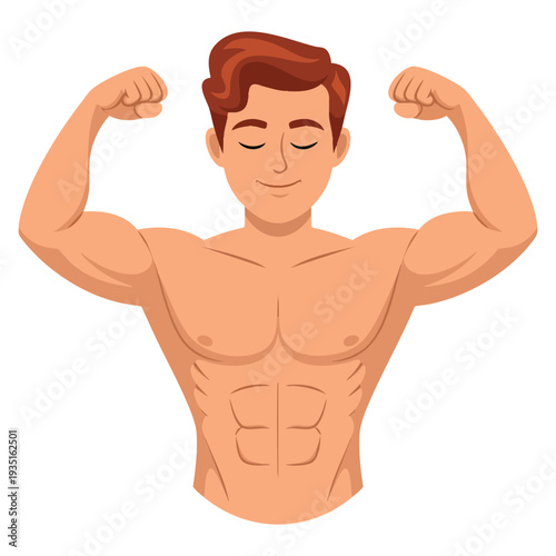 Bodybuilder narcissism in cartoon style for web design isolated on white background, representing fitness ego concept and muscular self admiration theme