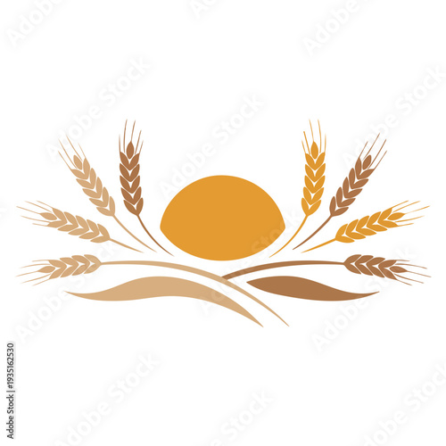Bohemian style semi circular sun with wavy rays earthy tones and wheat stalks vector illustration for natural decorative and artistic themes