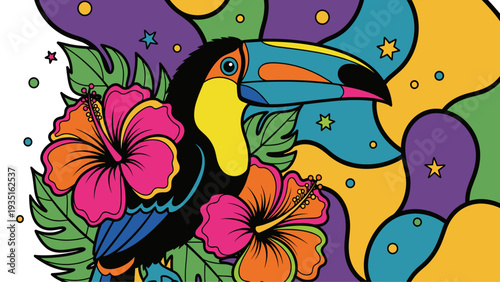 Tropical Toucan with Hibiscus Flowers - Vibrant Jungle Pattern Background Design
