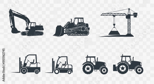 Collection of construction and industrial vehicle silhouettes.