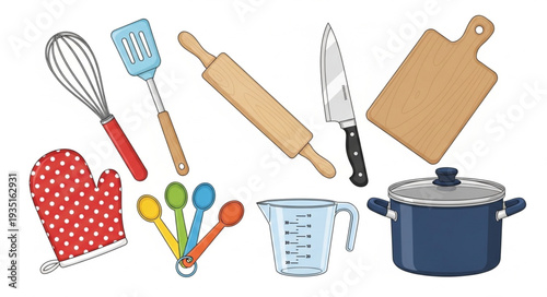 Collection of kitchen utensils and baking tools for culinary activities and food preparation.