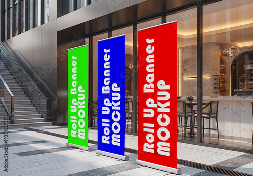 Three Roll Up Banner Stand Mockup Outside Modern Office