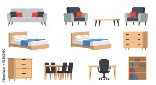 Collection of various furniture pieces for home and office interior design.