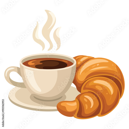 Breakfast delicious start to the day cup with hot coffee and fresh croissant vector illustration cartoon flat icon isolated on white background