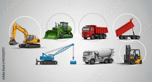 Collection of construction heavy machinery and vehicles.