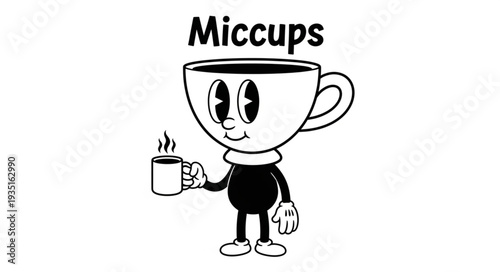 Cartoon coffee cup character holding a smaller cup with steam rising, Miccups logo.