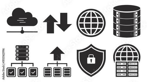 Modern data storage and security icons for business technology