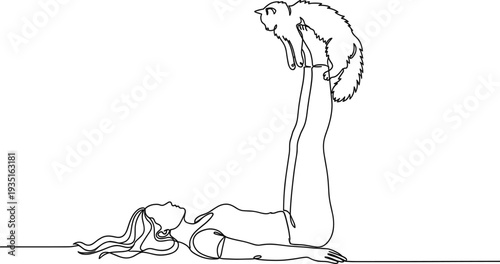 Woman Lying on Floor Lifting Cat with Feet Continuous Line Art Minimal Vector Illustration