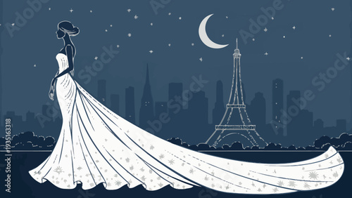 Elegant woman in flowing white gown standing before Eiffel Tower at night