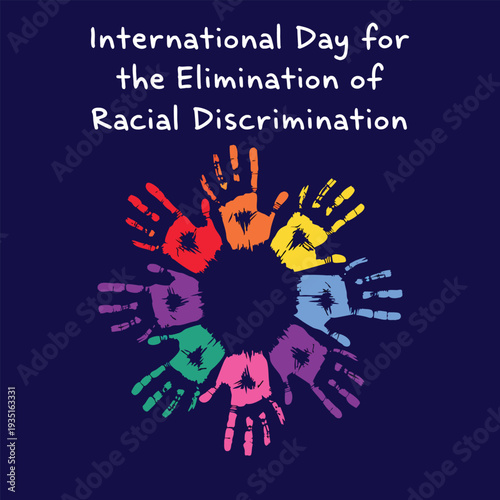 International day for elimination of racial discrimination, circle of colorful hand prints symbolizing unity and equality among people