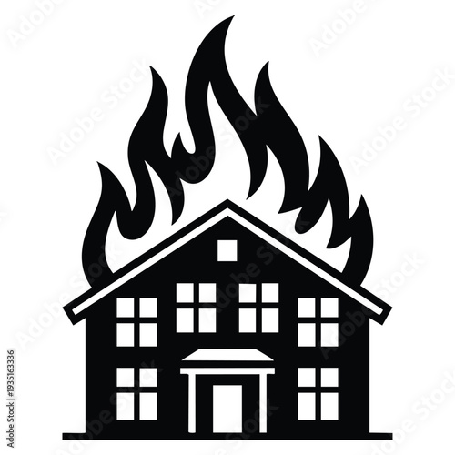 Building on fire icon representing emergency disaster property damage and need for fire department assistance and insurance claim coverage concept design