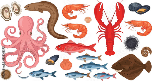 Seafood and Marine Animals Collection with Octopus Lobster Shrimp Fish Mussel and Shellfish Isolated Flat Ocean Food Vector Illustration Set